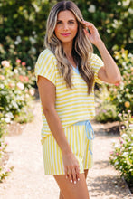 Red Stripe Colorblock Trim V Neck Tee Drawstring Elastic Waist Short Set