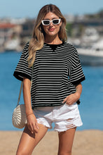 Green Stripe Ribbed Patchwork Seam Detail Half Sleeve Tee