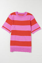 Bright Pink Colorblock Knitted Round Neck T Shirt