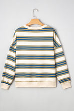 Khaki Striped Crew Neck Drop Shoulder Pullover Sweatshirt