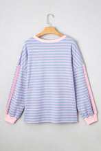Sky Blue Stripe Oversized Contrast Trim Drop Shoulder Casual Top