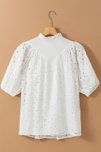 White Flower Hollow-out Short Puff Sleeve Blouse