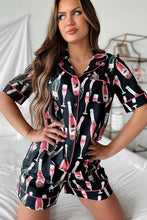 Black Champagne Print Silky Short Sleeve Pajamas Set