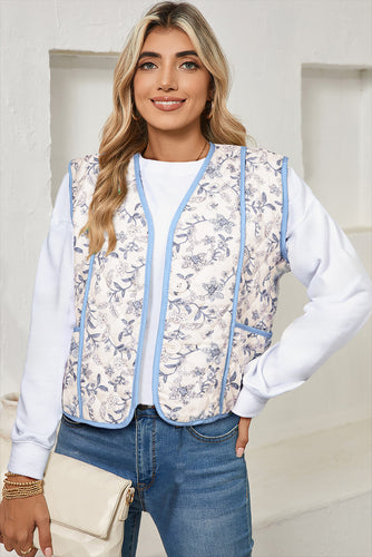 White Floral Button Up Pocket Cardigan Vest