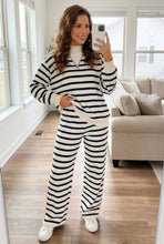 Blue Stripe Striped Ribbed Cuff Collar Pocket Loose Pant Set