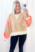 Light French Beige Waffle Textured Patchwork Pullover Sweatshirt
