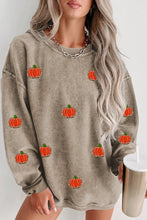 Khaki Crinkle Ribbed Halloween Pumpkin Graphic Sweatshirt