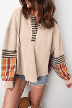 Beige Waffle Stripe Plaid Patchwork Henley Top