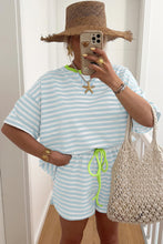 Pink Stripe Contrast Neck Loose Tee and Drawstring Shorts Set