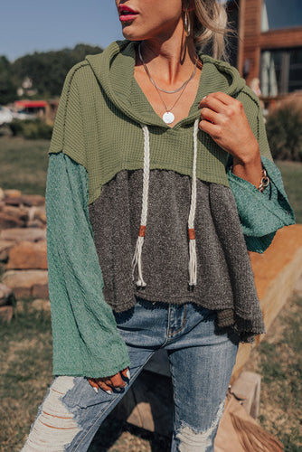 Laurel Green Waffle Knit Patchwork Drawstring Hooded Top