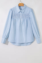 Sky Blue Striped Smocked Long Sleeve Quarter Button Shirt