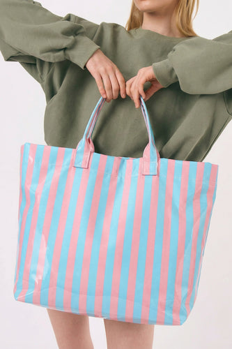 Light Blue Glossy Striped Vinyl Large Tote Bag