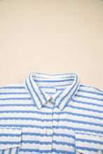 Sky Blue Striped Half Button Collared Chest Pockets Loose Fit Top