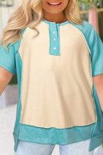 Mint Green Color Block Raglan Sleeve Buttoned Plus Size T Shirt
