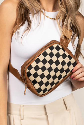 Coffee Faux Leather Checkered Patchwork Crossbody Bag