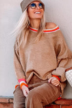 Parchment Striped Trim Drop Shoulder Sweater