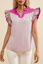 Mist Blue Colorblock Ruffled Sleeve Frill V Neck Blouse