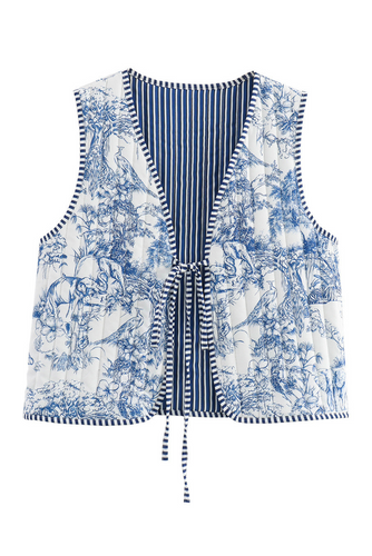 White Reversible Floral And Striped Boho Cardigan Vest