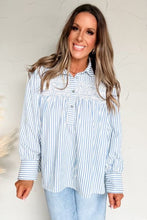 Sky Blue Striped Smocked Long Sleeve Quarter Button Shirt