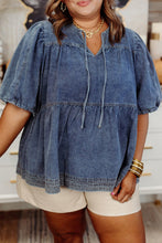 Sail Blue Plus Size Tie V Neck Puff Sleeve Denim Blouse