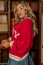 Fiery Red MERRY Pattern Colorblock Edge Drop Shoulder Cozy Sweater