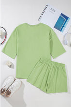 Meadow Mist Green Plus Size V Neck Drop Shoulder Tee Loose Shorts Set