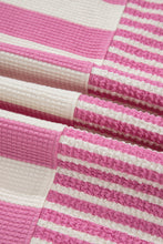 Pink Stripe Waffle Patchwork Short Sleeve High Low Loose T Shirt