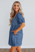 Prussian Blue Button Square Neck Short Puff Sleeve Denim Mini Dress