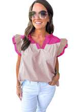 Mist Blue Colorblock Ruffled Sleeve Frill V Neck Blouse