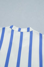 Sky Blue Stripe Split V Neck Puff Sleeve Summer Blouse