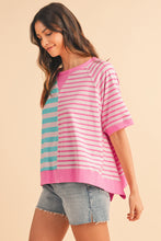 Blue Stripe Contrast Colorblock Oversized T Shirt