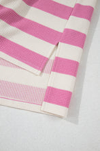 Pink Stripe Waffle Patchwork Short Sleeve High Low Loose T Shirt