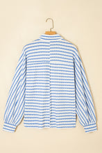 Sky Blue Striped Half Button Collared Chest Pockets Loose Fit Top