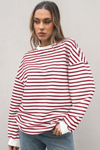 Burgundy Striped Long Sleeve Round Neck Loose Fit Sweatshirt