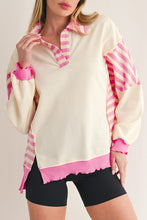 Pink Stripe Colorblock Collared French Terry Top