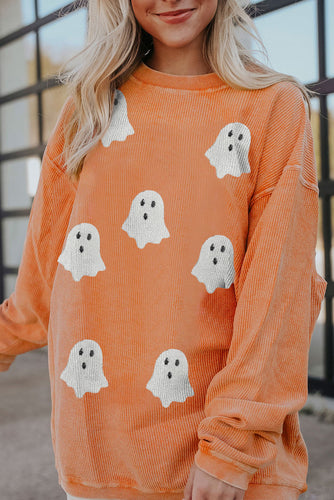Orange Twisted Ribbed Texture Halloween Ghost Sequin Patched Sweatshirt