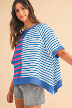 Blue Stripe Contrast Colorblock Oversized T Shirt