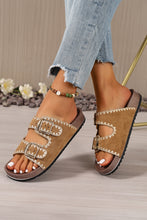 Beige Embroidered Trim Retro Buckle Faux Suede Slippers