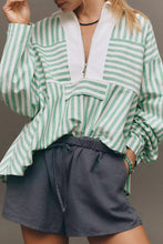 Green Striped Zipper Collar Long Sleeve Top