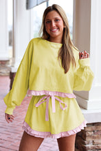 Yellow Cream Gingham Ruffle Hem Long Sleeve Pullover and Shorts Set