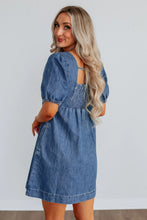 Prussian Blue Button Square Neck Short Puff Sleeve Denim Mini Dress