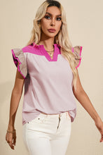 Mist Blue Colorblock Ruffled Sleeve Frill V Neck Blouse