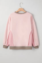 Light Pink Plus Color Block Waffle Patchwork Exposed Seam Baggy Sweatshirt