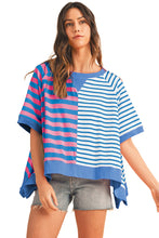 Blue Stripe Contrast Colorblock Oversized T Shirt