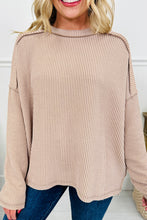 Parchment Twisted Rib Exposed Seam Detail Long Sleeve Loose Top