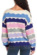 Rose Red Wave Striped Balloon Sleeve Drop Shoulder Sweater