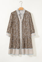 Khaki Plus Size Leopard Print Striped Trim V Neck Drop Waist Long Sleeve Mini Dress