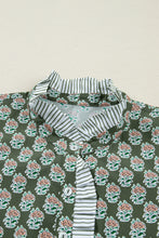 Green Contrast Striped Frilled Collar 3/4 Sleeve Plus Size Floral Dress