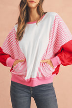 Rose Red Striped Patchwork Side Pocket Loose Sweatshirt