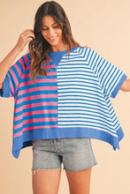 Blue Stripe Contrast Colorblock Oversized T Shirt